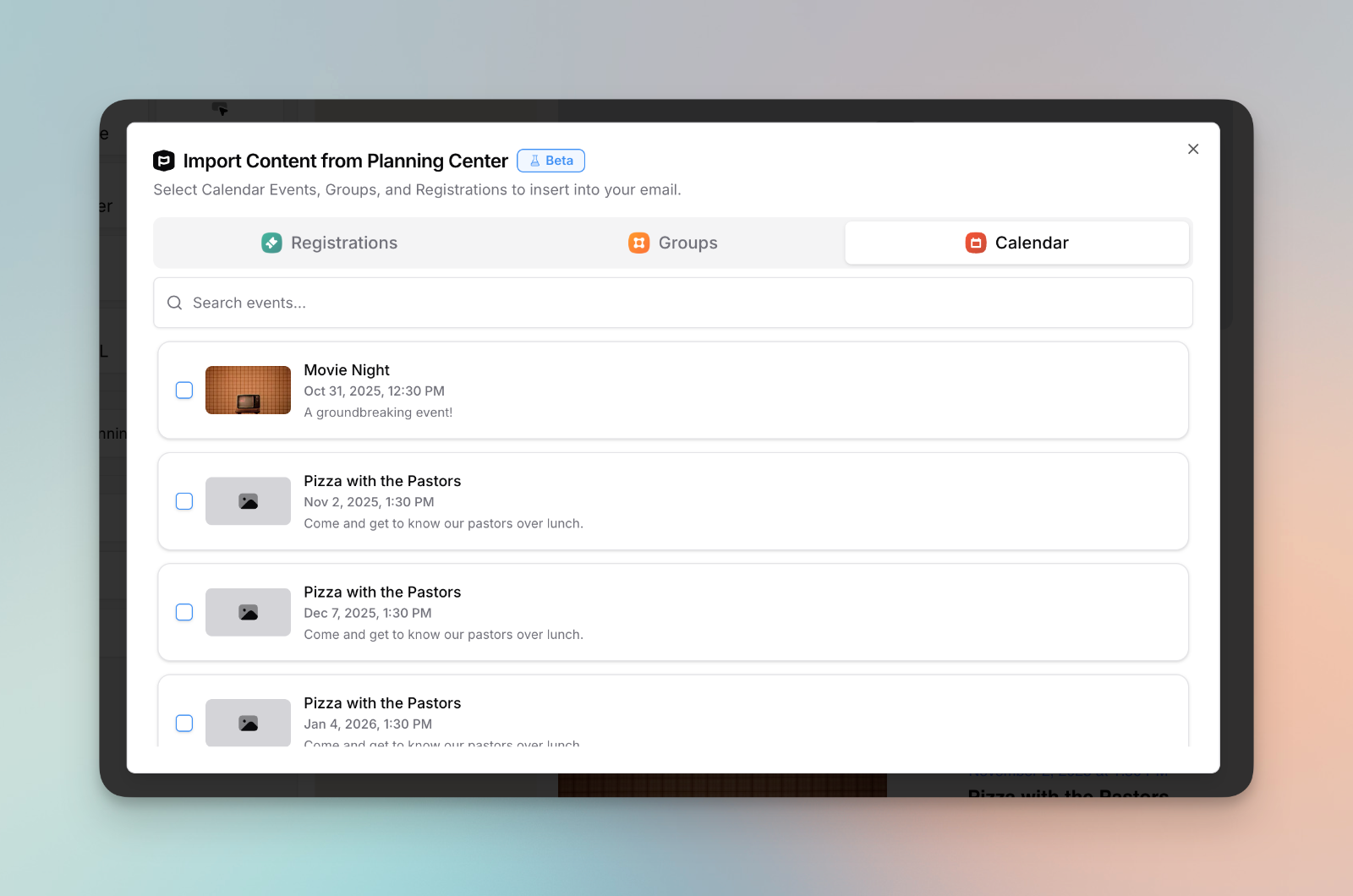 Importing content from Planning Center Calendar into an email