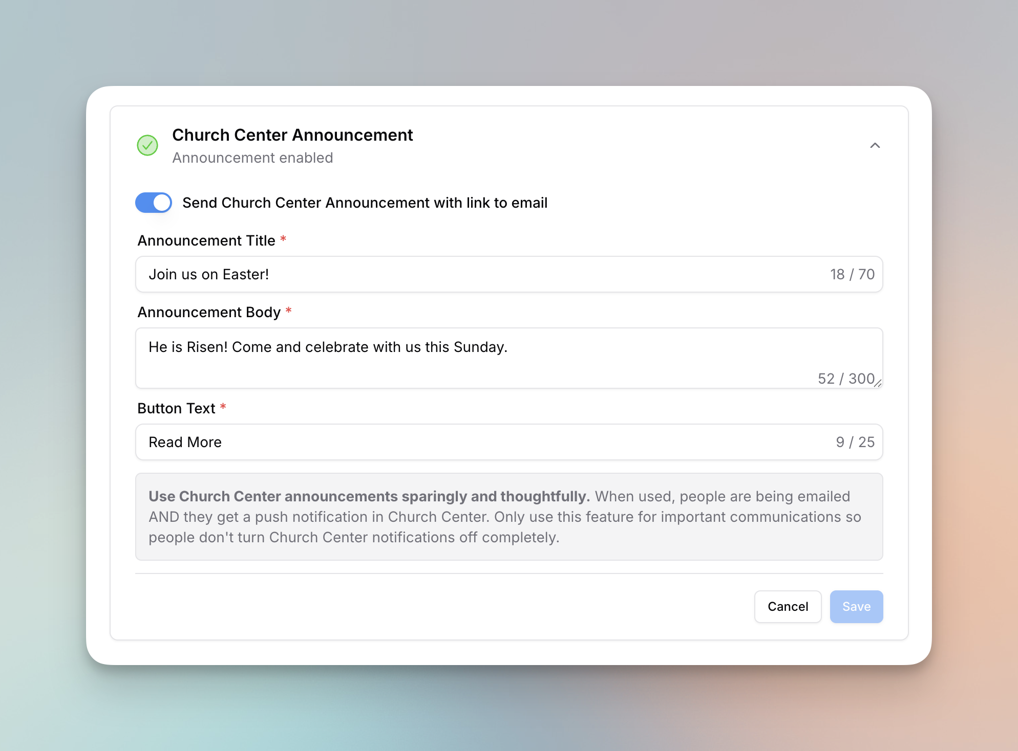 Church Center announcement settings on the email detail page