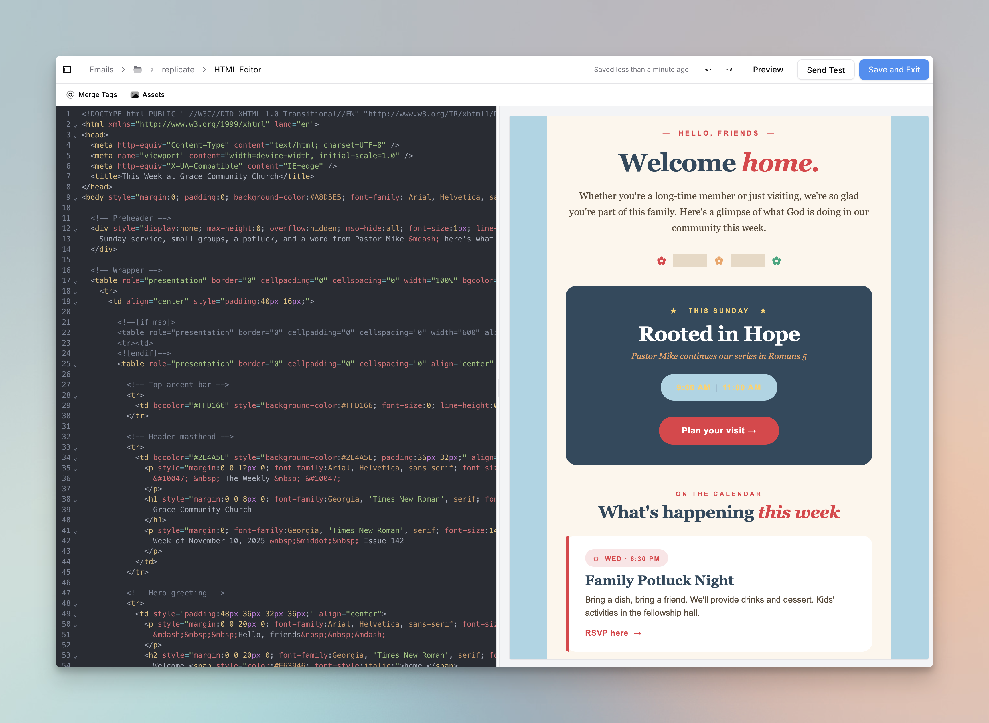 The HTML email editor with syntax highlighting and live preview