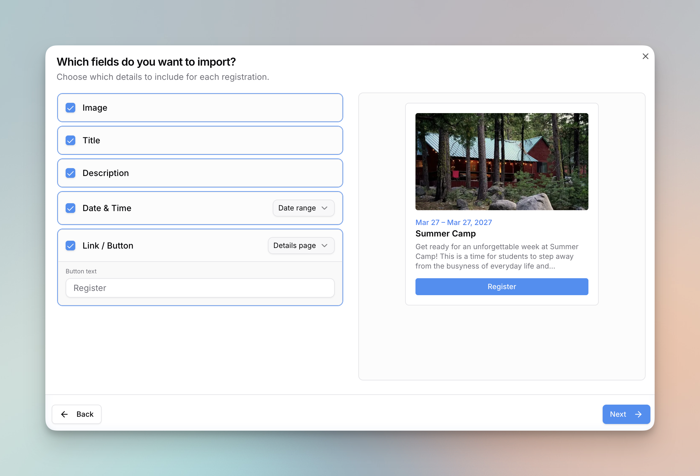 Choosing fields and a layout when importing content from Planning Center