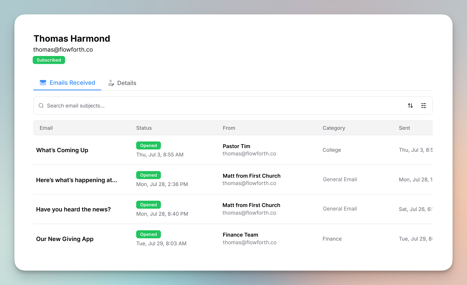 The updated person page showing emails sent to a person